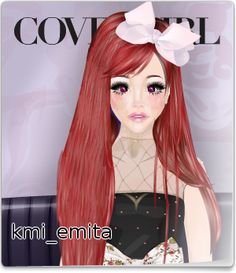 an animated girl with long red hair wearing a black dress and white bow in her hair