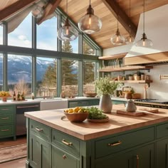 a kitchen with green cabinets and wood ceilinging, an island in the middle has fruit on it