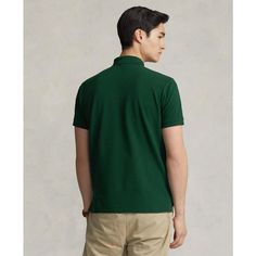 This custom slim-fit cotton mesh Polo offers a textured look with breathability, perfect for stylish comfort. Made from Ralph Lauren's timeless original design and refined for a tailored trim fit, it features signature Pony details, tennis tail hem, and soft feel - ideal for capturing your next Instagram outfit. Classic Fitted Green T-shirt, Green Fitted Classic Polo Shirt, Ralph Lauren Cotton Polo Collar Top, Classic Green Polo Shirt With Relaxed Fit, Ralph Lauren Cotton Polo Top, Ralph Lauren Fitted Polo Collar T-shirt, Ralph Lauren Fitted Polo T-shirt, Classic Green Shirt With Polo Collar, Ralph Lauren Cotton Polo Shirt