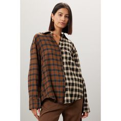 Multicolor plaid cotton (60% Cotton, 40% Viscose). Top. Long sleeves. Collar. Front button closure. 7.5" from shoulder to hemline. Imported. Plaid Cotton Blouse For Fall, Fall Plaid Cotton Blouse, Relaxed Fit Plaid Blouse For Daywear, Plaid Relaxed Fit Blouse For Fall, Plaid Cotton Button-up Blouse, Fall Gingham Cotton Shirt, Oversized Plaid Blouse For Spring, Plaid Tops For Workwear In Fall, Oversized Plaid Cotton Shirt