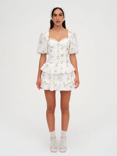 Kinsley Mini Dress — White | For Love & Lemons Spring Mini Length Puff Sleeve Dress With Fitted Bodice, Fitted Puff Sleeve Dress For Garden Party, Spring Fitted Corset Dress With Puff Sleeves, Spring Chic Puff Sleeve Corset Dress, Spring Feminine Corset Dress With Sweetheart Neckline, Flirty Puff Sleeve Dress For Spring Garden Party, Feminine Puff Sleeve Corset Dress With Ruffles, Feminine Corset Dress With Puff Sleeves And Ruffles, Feminine Fitted Corset Dress For Spring