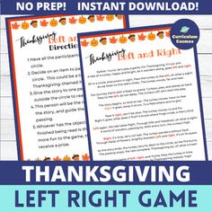 the thanksgiving left right game is shown with an image of pumpkins and leaves on it