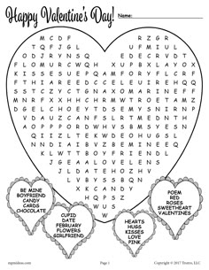 a valentine's day word search page with three hearts and the words happy valentine's day