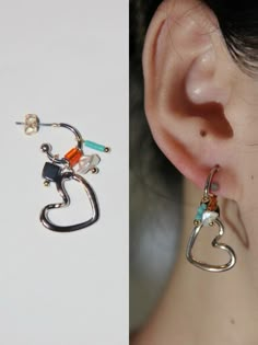 two pictures side by side, one with an earring and the other with a pair of earrings