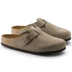 Boston Soft Footbed Suede Leather Taupe | BIRKENSTOCK Shoes For Guys, Boston Soft Footbed, Birkenstock Clog, Boston Clogs, Birkenstock Men, Birkenstock Women, Calf Muscles, Kaia Gerber, Shoe Inspo