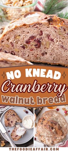 no knead cranberry walnut bread with text overlay