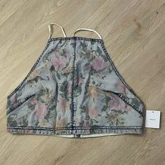 Nwt Floral Denim Crop Top From Urban Outfitters Never Warn Spring Cropped Washed Denim Top, Spring Season Washed Cotton Crop Top, Spring Washed Cropped Tops, Summer Washed Cotton Crop Top, Washed Cotton Crop Top For Summer, Spring Casual Acid Wash Crop Top, Spring Acid Wash Casual Crop Top, Casual Acid Wash Crop Top For Spring, Trendy Acid Wash Top For Spring