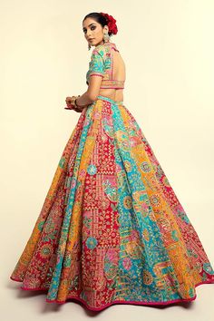 Multi color blouse with floral printed threads, sequins and lace border embroidery. Paired with coordinating lehenga and dupatta. - Aza Fashions Bohemian Wedding Choli With Floral Embroidery, Multicolor Floral Embroidery Blouse Piece For Reception, Multicolor Floral Embroidery Blouse For Reception, Anarkali Embroidered Multicolor Lehenga, Anarkali Choli With Intricate Embroidery In Multicolor, Multicolor Blouse Piece With Resham Embroidery For Reception, Embroidered Multicolor Lehenga For Reception, Multicolor Bohemian Choli For Reception, Multicolor Silk Sets For Reception