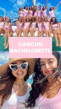 two women in pink bathing suits and hats posing for a photo with the caption cancun bachelorette