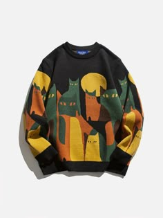 Aelfric Eden Color Blocking Cat Sweater – Aelfric eden Cat Pattern Sweater, Fall Knit Sweater, Sweater Streetwear, Streetwear Male, Oversize Pullover, Knitted Cat, Clothing Reference, Y2k Clothes, Cool Clothing