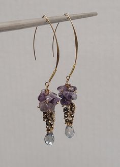 Leah's prosperity amethyst and crystal earrings Width: 2cm Height: 10cm Lavender Crystal Drop Earrings, Lavender Dangle Crystal Earrings, Lavender Amethyst Jewelry With Gemstone Accents, Purple Gemstone Accented Drop Earrings, Purple Drop Earrings With Gemstone Accents, Nickel-free Amethyst Lavender Earrings, Nickel-free Lavender Amethyst Earrings, Handmade Amethyst Crystal Earrings In Gold, Elegant Amethyst Dangle Crystal Earrings