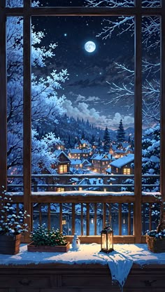 a snowy night outside an open window looking out at the town and snow covered trees