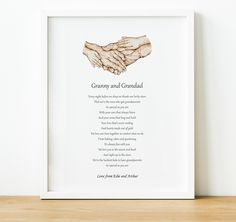 two hands holding each other with the words granny and grandad on it in front of a white frame