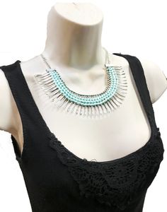 "BACK BY POPULAR DEMAND \" THE FRINGE Necklace\" This time I created it in SILVER with Sea green silk thread woven into the fringe Keep it very simple and graceful. Make a statement this Fall, wear it with your dresses or with a tank!! Work this piece with almost anything. Made on a silver chain. Length of Necklace is 20 inches and 2 inch extension have been added for length adjustment . A very Elegant piece. The Necklace has a lobster clasp for ease of wear and removal. A beautiful Gift for som Silver Bohemian Choker For Summer, Handmade Silver Beaded Necklaces For Summer, Handmade Silver Beaded Necklace For Summer, Bohemian Beaded Necklaces For Summer Party, Summer Bohemian Beaded Necklaces For Party, Summer Party Bohemian Beaded Necklaces, Bohemian Blue Necklaces For Spring, Green Bohemian Jewelry For Spring, Spring Party Jewelry In Turquoise