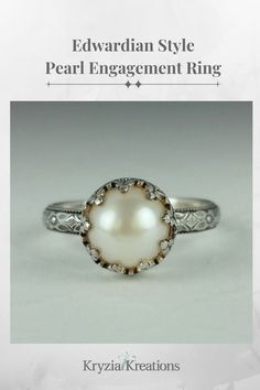 Antique Style Pearl Ring in Sterling Silver Elegant Diamond White Pearl Wedding Ring, Elegant Pearl Wedding Ring, Elegant Wedding Jewelry With Milgrain Detail, Wedding Pearl Drop Ring With Diamond, Elegant Pearl Promise Ring With Center Stone, Elegant Pearl Ring With Center Stone For Promise, Classic Wedding Pearl Ring, Wedding Diamond Milgrain Jewelry, Wedding Diamond Jewelry With Milgrain