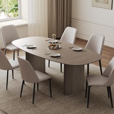 a dining table with six chairs around it