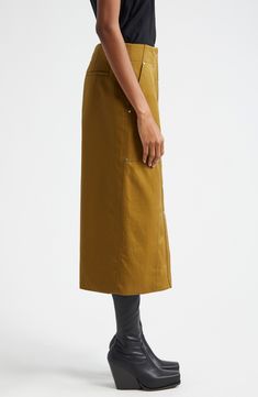 Classic utilitarian style defines a cotton-twill pencil skirt that's a versatile closet staple. 34 1/2" length Front button closure Front slant pockets; back welt pockets 100% cotton Dry clean Imported Workwear Midi Skirt With Pockets, Cotton Cargo Skirt With Patch Pockets For Work, Midi Skirt With Pockets For Work, Workwear Skirt With Patch Pockets And Relaxed Fit, Spring Utility Skirt For Workwear, Utility Skirt For Spring Workwear, Cotton Skirt With Relaxed Fit For Work, Relaxed Fit Cotton Skirt For Work, Fitted Cotton Cargo Skirt For Fall