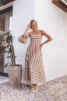 Brea Maxi Dress - Tan Stripe - Petal & Pup USA Tan Summer Dress, Casual Maxi Dress With Straight Neckline For Brunch, Vacation Maxi Dress With Tie Straps And Straight Neckline, Striped Maxi Sundress For Vacation, Vacation Maxi Dress With Adjustable Straps And Square Neck, Vacation Midi Dress With Tie Straps And Straight Neckline, Summer Sundress With Straight Neckline And Lining, Vacation Midi Dress With Adjustable Straps And Straight Neckline, Lined Sundress With Straight Neckline For Summer