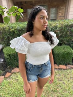 This item is in stock and ready to be shipped. Furthermore, it can also be picked up locally in Magnolia, TX. If you spend more than $99, the shipping costs will be covered by me! Embrace your inner Grecian goddess with this stunning ribbed top! With its textured body and elegant shoulder ruffles, this versatile piece can be effortlessly styled for any occasion. Whether you're dressing up or keeping it casual, this top is perfect for the goddess on-the-go! FABRIC: 92% Rayon, 8% Spandex Sara (Cur Fitted Ribbed Top For Summer, Fitted Off-shoulder Smocked Casual Top, Fitted Off-shoulder Casual Smocked Top, Trendy Fitted Smocked Crop Top, Casual Off-shoulder Smocked Top, Ribbed Fitted Tops For Day Out, Spring Off-shoulder Ribbed Top, Spring Ribbed Off-shoulder Tops, Ribbed Tops For A Summer Day Out