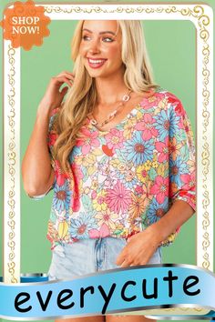 Multicolor Floral Print V Neck Half Sleeve Blouse Vibrant V-neck Blouse For Day Out, Vibrant Print V-neck Top For Brunch, Trendy V-neck Blouse With Vibrant Print, Colorful V-neck Blouse For Beach, Summer V-neck Tops With Multicolor Print, Chic Multicolor Print V-neck Blouse, Colorful V-neck Blouse For Vacation, Multicolor Floral Print V-neck Blouse, Colorful V-neck Top For Vacation