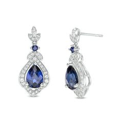 With classic charm, these vintage-inspired drop earrings exude elegance. Crafted in sterling silver, each graceful earring showcases a 7.0 x 5.0mm pear-shaped lab-created bright blue sapphire wrapped in a layered frame of lab-created white sapphire-lined ribbons. The floral drop glistens with created sapphires along petal-like marquise shapes and a petite created sapphire that connects the dangle to the post. Buffed to a brilliant luster, these earrings secure comfortably with friction backs. Classic Teardrop Diamond Earrings For Evening, Elegant Pear-shaped Chandelier Earrings For Formal Occasions, Elegant Teardrop Chandelier Earrings In Sterling Silver, Elegant Pear-shaped Chandelier Earrings, Classic Pear-shaped Earrings For Evening, Timeless Pear-shaped Sterling Silver Earrings, Elegant Teardrop Sterling Silver Diamond Earrings, Classic White Gold Gemstone Bridal Earrings, Exquisite Teardrop Sterling Silver Chandelier Earrings