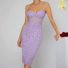 Color: Lilac Purple Style: Party Details: Zipper Material: Lace Fabric: Slight Stretch Body: Lined Composition: 51% Polyamide, 49% Viscose Fit Type: Slim Fit Neckline: Spaghetti Strap Waist Line: High Waist Hem Shaped: Pencil Length: Knee Length Care Instructions: Hand Wash, Do Not Dry Clean Worn: Never Worn. Fitted Lace Club Dress, Fitted Lace Dress For Club, Party Midi Dress With Spaghetti Straps And Lace Trim, Fitted Lavender Dress For Party, Fitted Lavender Party Dress, Sheer Fitted Lace Summer Dress, Purple Fitted Strapless Midi Dress, Summer Night Out Lace Dress With Spaghetti Straps, Feminine Fitted Lace Dress With Spaghetti Straps