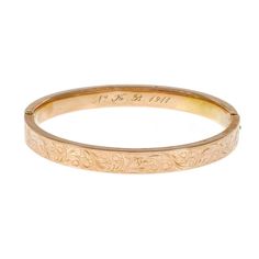 For Sale on 1stDibs - Krementz 14k rose gold engraved bangle bracelet. circa 1911 14k rose gold Tested and stamped: 14k Hallmark: N.K.B. 1911 14.5 grams Inside dimensions: Etched 14k Rose Gold Jewelry, Elegant Stamped Cuff Bracelet, Elegant Stamped Cuff Bracelet For Wedding, Etched Rose Gold Jewelry In 14k Gold, Vintage Engraved Rose Gold Jewelry, Elegant Engraved Rose Gold Bracelet, Luxury Engraved Rose Gold Bracelet, Antique Stamped 14k Bangle Bracelet, Engraved Rose Gold Bangle Bracelet