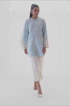 Sky Blue Shirt, Sania Maskatiya, Pleated Collar, Website Features, Silhouette Cut, How To Dye Fabric, Floral Motifs, Raw Silk, Silk Shirt