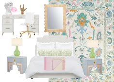 the bedroom is decorated in pastel colors