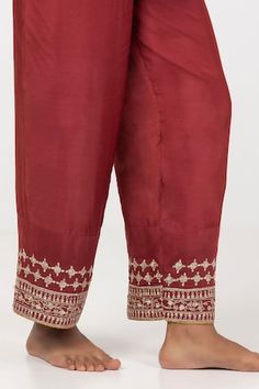 Maroon kurta with floral block print and embroidered contrast yoke. Paired with matching embroidered hem pant. - Aza Fashions Festive Embroidered Traditional Wear With Straight Pants, Festive Embroidered Traditional Straight Pants, Festive Traditional Embroidered Straight Pants, Festive Embroidered Straight Pants, Embroidered Festive Straight Palazzo Set, Embroidered Straight Palazzo Set For Festive Occasions, Festive Embroidered Straight Palazzo Set, Festive Embroidered Straight Pant Set, Festive Red Embroidered Pant Set