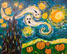 a painting with pumpkins in the foreground and an image of a starry night