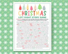 the christmas left right story game is shown on a green background with snowflakes