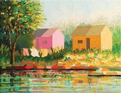 a painting of some houses by the water