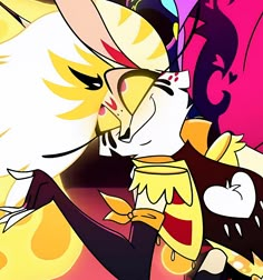 an image of a cartoon character kissing another person's face in front of colorful background