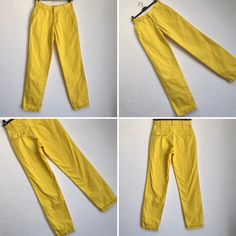 "Vintage pants Levi's LVC Big E Reedition 1990's Cotton chino pants in yellow color. Straight cut. Hook closure with zip. 7 belt loops. 2 front pockets, 2 buttoned back pockets. Tighter ankles with hamstitch. Red label on back waistband. Material: 100% cotton (no label) Condition: Vintage item in very good condition. To note: 3 small spots are present (photo). Price takes into account its flaws. Size: 28 Model wears usually a size S (36/38) and measures 170cm / 66.9\". Measures taken flat : Leng Mustard Straight Leg Bottoms For Spring, High-waisted Yellow Cotton Pants, High Waist Mustard Cotton Pants, 90s Spring Pants With Tapered Leg, 90s Style Spring Pants With Tapered Leg, 90s Style Tapered Leg Spring Bottoms, 90s Style Tapered Leg Spring Pants, 90s Style Tapered Leg Pants For Spring, Yellow Relaxed Fit Straight Pants