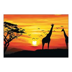 two giraffes are silhouetted against an orange sunset with birds flying in the sky