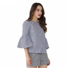 Flare sleeve beautiful striped pearl beaded women top. S (US 2-4), M (US 6-8), L (US 8-10), XL (US 12-14) Collar: O-NeckSleeve Style: Flare SleeveSleeve Length (cm): Three QuarterStyle: CasualPattern Type: StripedMaterial: Cotton, PolyesterDecoration: BeadingClothing Length: Regular Pictures from Real Customers given to us! Elegant White Tops With Vertical Stripes, Elegant White Blouse With Vertical Stripes, Elegant Vertical Stripes Blouse, Long Sleeve Blouse With Vertical Stripes For Summer, Summer Long Sleeve Blouse With Vertical Stripes, White Summer Blouse With Vertical Stripes, White Blouse With Vertical Stripes For Summer, White Vertical Stripes Blouse For Spring, Spring Striped Long Sleeve Blouse