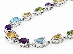 9.60ctw rectangular octagonal and 2.60ctw Pear Shaped Citrine, 4.90ctw Rectangular Cushion And 3.10ctw Trillion Glacier Topaz™, 6.60ctw Oval And 1.40ctw Round Amethyst, 2.80ctw Oval Manchurian Peridot™ Rhodium Over Sterling Silver Necklace. Measures Approximately 0.39"W. Lobster Clasp With 2" Extender. Elegant Jewelry With Rectangular Gemstone Accents, Elegant Rectangular Gemstone Accented Jewelry, Luxury Rectangular Jewelry With Gemstone Accents, Formal Cushion Cut Gemstone Necklace, Multicolor Oval Jewelry With Accent Stones, Luxury Necklace With Rectangular Gemstone, Fine Jewelry With Rectangular Gemstone Accents, Fine Jewelry With Gemstone Accents Rectangular Shape, Rectangular Gemstone Necklace For Formal Occasions