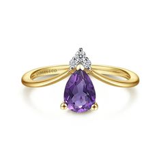 This elegant Lusso Color design by Gabriel features a pear shaped amethyst in a regal purple hue that brings life to any outfit. A trio of sparkling round diamonds, amounting to 0.03cts, adds a touch of glamour to the ring. Ring takes 2-3 weeks for Gabriel to create and will ship immediately after completion. Rush delivery available depending on style and upon request Available in 14K or 18K white, rose or yellow gold, and platinum Includes ring box Includes jewelry appraisal Ships fully insured to point of delivery All rings are fully customizable by Gabriel should you prefer slight or major changes to the style you see. Alteration possibilities include alternate color gemstones, styling or metal preference. Gabriel Jewelry, Ladies Rings, Triangle Ring, Chevron Ring, Jewelry Appraisal, Bold Design, Amethyst Ring, Ring Ring, Anniversary Ring