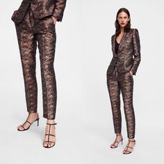 These Beautiful Trousers Are Just The Amount Of “Extra”! Pair With A Nice White Button Up And Some Gold Earrings And Some Classy Heels For A Night Out Or Even A Great Look For A Conference. I Have Posted A Picture Of Me In A Size M. Elegant Formal Zara Bottoms, Elegant Metallic Pants For Party, Fitted Pantsuit For Formal Party Season, Elegant Tailored Zara Pants, Fitted Formal Pantsuit For Party Season, Elegant Metallic Bottoms For Party, Elegant Metallic Party Bottoms, Zara Formal Fall Pantsuit, Glamorous Formal Pantsuit