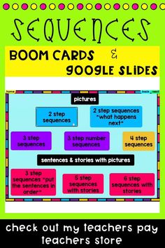 These sequencing activities are available in boom cards, google slides, and worksheets. Sequences include 2 step sequencing through 6 step sequencing. My teachers pay teachers store include digital and cut and paste sequencing worksheets for coloring too! Use for individual instruction, small group, whole group and homeschooling. Sequencing Worksheets