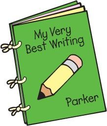 a green book with a pencil on it and the words, my very best writing parker