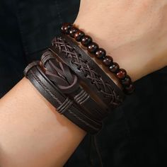 Men's Genuine Brown Leather & Bead Bracelet Set (T) Nice Set Of 4 Adjustable Bracelets Brand New Makes A Great Gift! Casual Brown Braided Bracelets With Round Beads, Casual Brown Leather Beaded Bracelets, Leather Bead Bracelet, Men's Boutique, Gold Band Wedding Ring, Gold Topaz, White Diamond Ring, Unisex Necklace, Mens Leather Bracelet