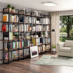 a living room filled with furniture and bookshelves next to a sliding glass door