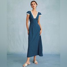 Color: Navy Material: 100% Polyester Details: - Ankle Length - Casual - High Waisted - Polyester - Ruched - Polka Dot - Deep V Neck - Cap Sleeve - Polka Dot - Lace Maxi Dress This V Neck Maxi Dress Is A Perfect Choice For Any Occasion. Its High Waisted And Slim Fit Accentuate Your Curves And Make You Feel Confident And Beautiful. The Ruched, Lace And Polka Dot Design Adds A Feminine Touch And Makes This Dress Perfect For Any Occasion. Whether You're Going Out On A Date Or Attending A Formal Even Chic Polka Dot Dresses With Lace Trim, Polka Dot Dress With Lace Trim For Spring, Fitted Polka Dot Dress With Lace Trim, V Neck Maxi Dress, Tailored Clothes, Ruched Maxi Dress, Maxi Dress Navy, Polka Dot Design, Dot Design