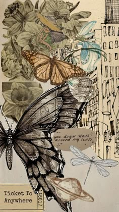 a collage of butterflies, flowers and other things in the sky with words written on them