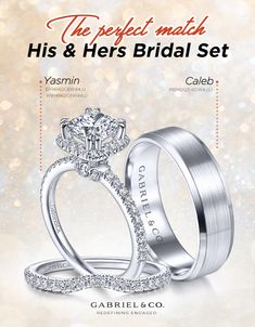 the perfect match his and her bridal set is shown with their matching wedding bands