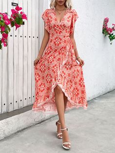 Features: Tied, High-Low, Ruffled Sheer: Opaque Stretch: No stretch Body: Not lined Material composition: 100% viscose Care instructions: Machine wash cold. Tumble dry low. Imported Size US Length Bust Shoulder Waist S 4 52.8 34.6 13.6 33.9 M 6/8 53.5 36.2 14 35.4 L 10/12 54.3 38.6 14.4 37.8 XL 14 55.1 40.9 14.8 40.2 Summer Viscose V-neck Wrap Dress, Casual Wrap Maxi Dress For Summer, Casual Summer Wrap Maxi Dress, Bohemian Ruched Short Sleeve Maxi Dress, Bohemian Ruched Maxi Dress With Short Sleeves, Summer Viscose Maxi Dress With Tie Waist, Ruched Viscose Maxi Dress For Summer, Floral Print Wrap Dress For Beach, Bohemian Short Sleeve Wrap Dress For Summer