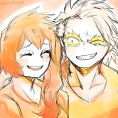 two anime characters are smiling and posing for the camera with their faces painted in orange