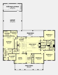 the first floor plan for a house with two master suites and an attached garage area